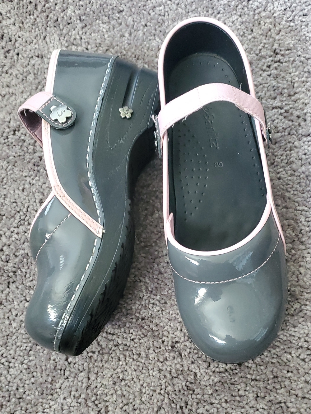 Patent Mary Jane Clogs in Gray with Pink Trim